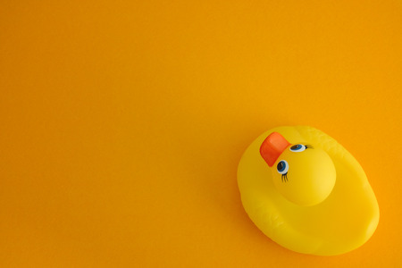 Yellow rubber duck on yellow background. Close up.の写真素材