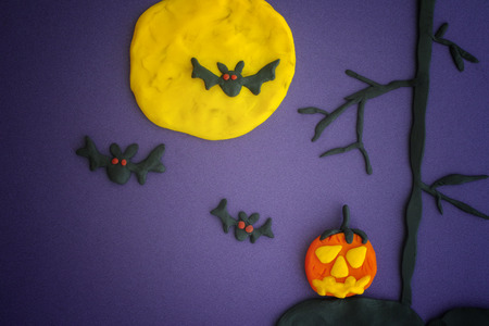 Happy Halloween. Childlike Halloween Art. Scene made out of play clay (plasticine).の写真素材