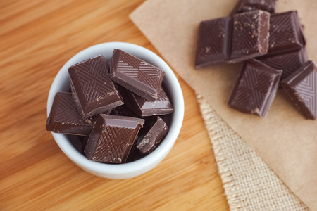 Broken dark chocolate pieces in a bowl. Close up.