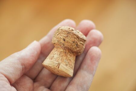 Man holding a wine cork in his hand. Close up.の写真素材