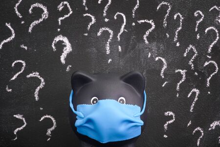 Black piggy bank wearing a face mask and standing against a blackboard with question marks on it. Close up.の写真素材