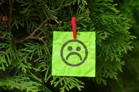 Green paper note with a sad face hanging on a tree. Close up. Concept image.