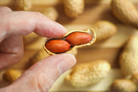 Man holding peanuts with his fingers. Close up.