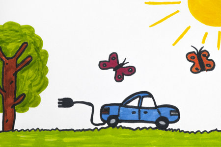 Childlike drawing of an electric car going for a drive outdoors.の写真素材