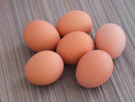 Hard boiled eggs on a mat. Close up.