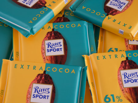 Tambov, Russian Federation - November 13, 2021 Ritter Sport chocolate bars. Close up.