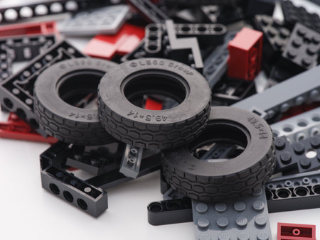 Tambov, Russian Federation - January 01, 2022 A pile of lego pieces from an unbuilt set. Close up.