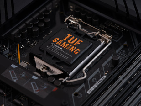 Tambov, Russian Federation - April 04, 2022 Asus TUF Gaming Motherboard. low key. close up.のeditorial素材
