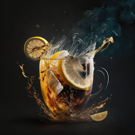 A cup of tea with slices of lemon in it and splashes. Created with Generative AI.の素材