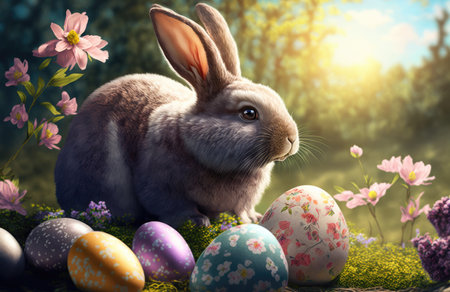 An easter bunny sitting near easter eggs outdoors. Created with Generative AIの素材