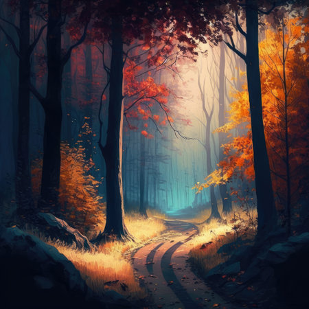 A path going through an autumn forest. Created with Generative AIの素材