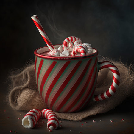 Hot chocolate with marshmallows and candy cane in a mug. Created with Generative AI.の素材