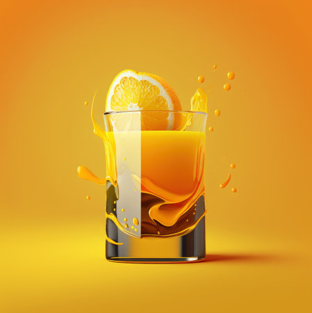 A glass of orange juice with an orange slice  inside it on an orange background. Created with Generative AIの素材