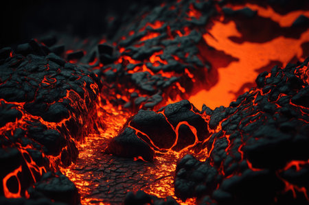 An illustration of lava flowing between the cracks in volcanic rock. Created with Generative AIの素材