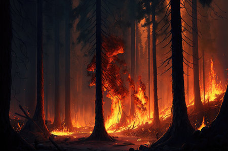 A heavy forest fire in a conifer forest. Created with Generative AIの素材