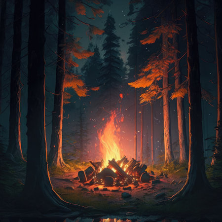 A campfire in the forest at night. Created with Generative AIの素材