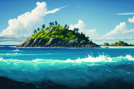 An illustration of an Island with trees surrounded by ocean under a blue sky with puffy white clouds. Created with Generative AIの素材