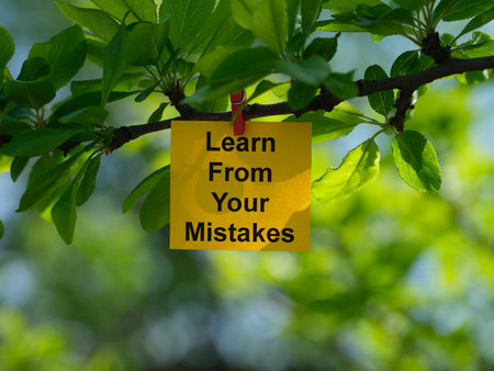 A yellow paper note with the phrase Learn From Your Mistakes on it attached to a tree branch with a clothes pin. Close up.の写真素材