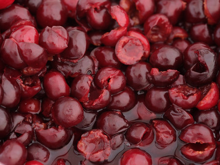 A pile of pitted red cherries in cherry juice. Close up.の写真素材