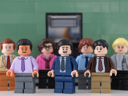 Tambov, Russian Federation - July 01, 2023 Lego businesspeople minifigures standing and looking into their successful future.のeditorial素材