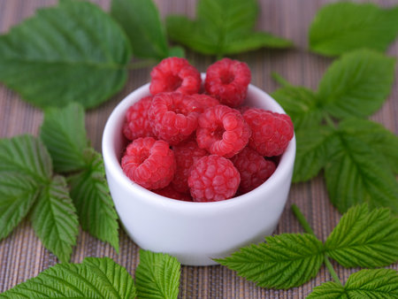 Red raspberries in a white bowl surrounded by raspberry leaves. Close up.の写真素材