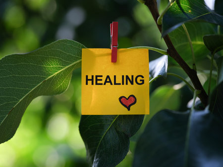 A yellow paper note with the word Healing on it attached to a tree branch with a clothes pin. Close up.の写真素材