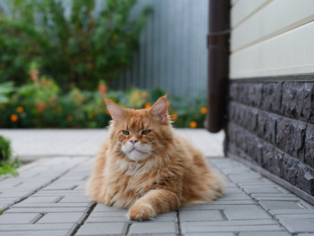 A red Maine Coon cat sitting on tiles in a garden. Close up.の写真素材