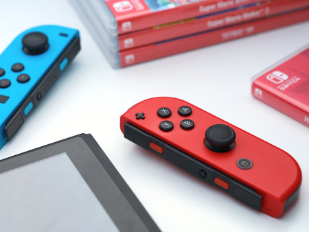 Tambov, Russian Federation - February 03, 2024 A Nintendo Switch console with detached joy-cons...