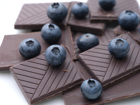 Broken dark chocolate and fresh ripe blueberries. Close up.の写真素材