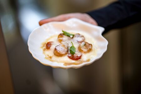 Scallop with tomatoes and sauce and basil in waiter hand on terrace cafe bokehの写真素材