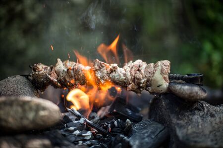 Beef kebab cooking on skewer with flame sparks barbecue on bonfire in forest at travel daylightの写真素材