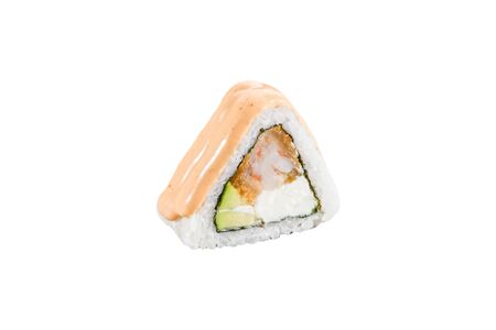 sushi roll isolated on white background japanese traditional cuisine one piece ginger eel shrimp salmon tuna caviar close upの写真素材