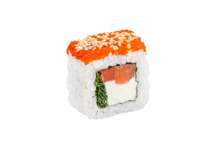 sushi roll isolated on white background japanese traditional cuisine one piece ginger eel shrimp salmon tuna caviar close upの写真素材