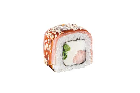 sushi roll isolated on white background japanese traditional cuisine one piece ginger eel shrimp salmon tuna caviar close upの写真素材