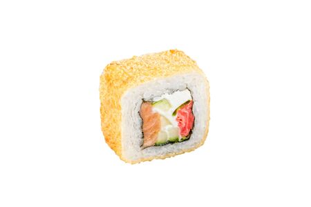 sushi roll isolated on white background japanese traditional cuisine one piece ginger eel shrimp salmon tuna caviar close upの写真素材