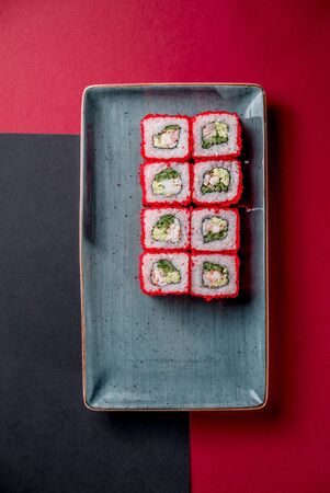 Sushi rolls eel rice fish salmon nori cuisine cafe restaurant top viewの写真素材