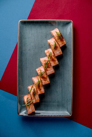 Sushi rolls eel rice fish salmon nori cuisine cafe restaurant top viewの写真素材