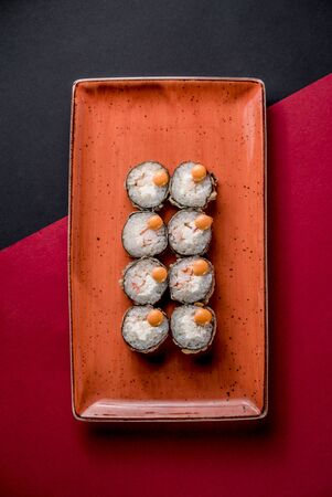 Sushi rolls eel rice fish salmon nori cuisine cafe restaurant top viewの写真素材