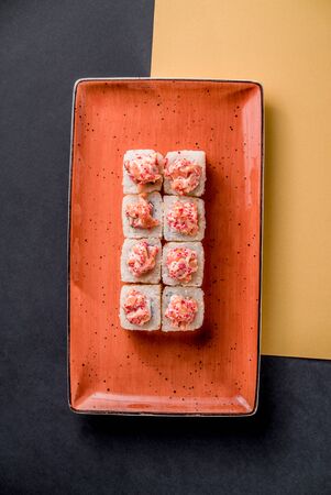 Sushi rolls eel rice fish salmon nori cuisine cafe restaurant top viewの写真素材