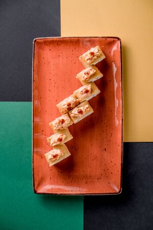 Sushi rolls eel rice fish salmon nori cuisine cafe restaurant top viewの写真素材