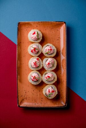 Sushi rolls eel rice fish salmon nori cuisine cafe restaurant top viewの写真素材