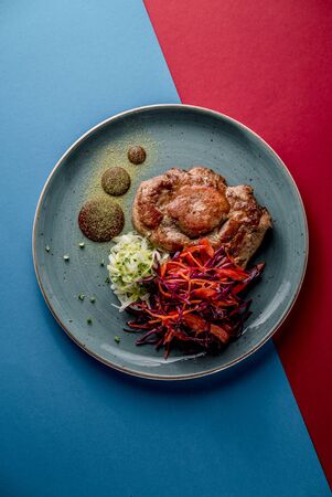 Beef steak sauce pepper mashed potatos cafe restaurant grill cuisine top viewの写真素材