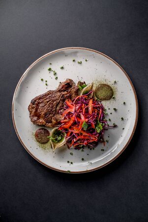 Beef steak sauce pepper cafe restaurant grill cuisine top view dish cafeの写真素材