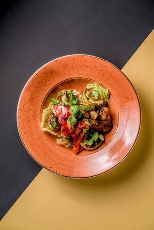 salad grilled mushrooms pepper cabbage vegetables salad microgreen oil top viewの写真素材