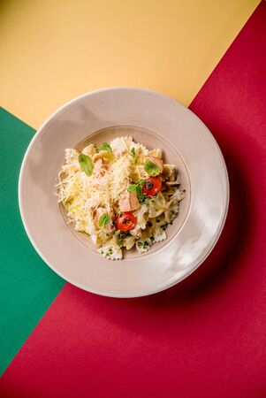 Italian pasta salmon fish cheese parmesan tomato sauce dish greens top viewの写真素材