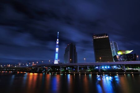 Night view of Tokyo Sky Tree and  Sumida Riverの写真素材