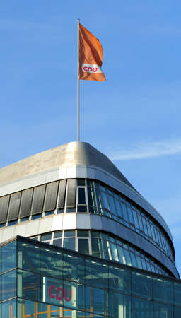 Berlin, Germany, December 18, 2020, flag with party logo on CDU party headquarters in Berlin Tiergarten.のeditorial素材