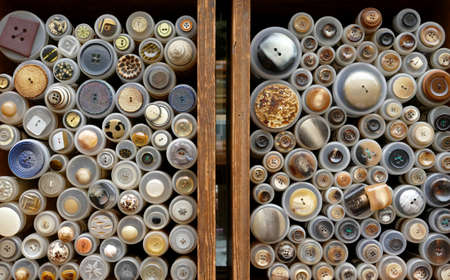 June 9, 2020, Collection of different buttons as sales samples in a wooden shelfのeditorial素材