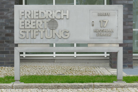 Berlin, Germany, April 12, 2021, house sign and mailbox with lettering of the SPD-affiliated Friedrich-Ebert-Stiftung in HiroshimastraÃe at the Tiergarten in Berlin.のeditorial素材