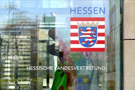 Berlin, Germany, April 16, 2021, Hesse, lettering of the Hessian State Representation in the Minister Gardens in Berlin Mitte.のeditorial素材